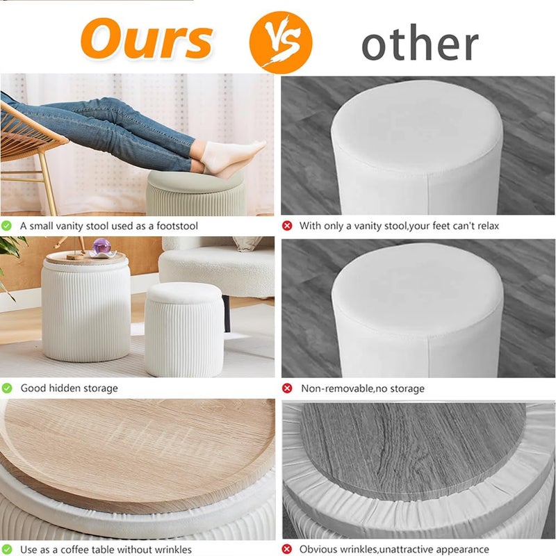 BLEXA Round Ottoman with Storage Set of 2-Upholstered Velvet Vanity Stool for MakeupMultifunctional Ottomans Coffee Table Padded Seat Foot Rest for Living Room&Bedroom(White-Upgrade Tray Lid) - Image 5