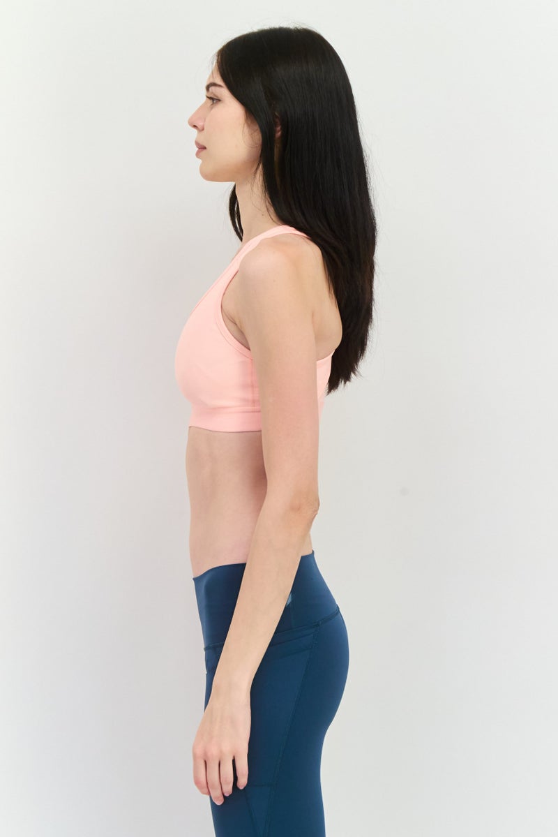 Women Brand Logo Lightly Padded Sports Bra, Peach