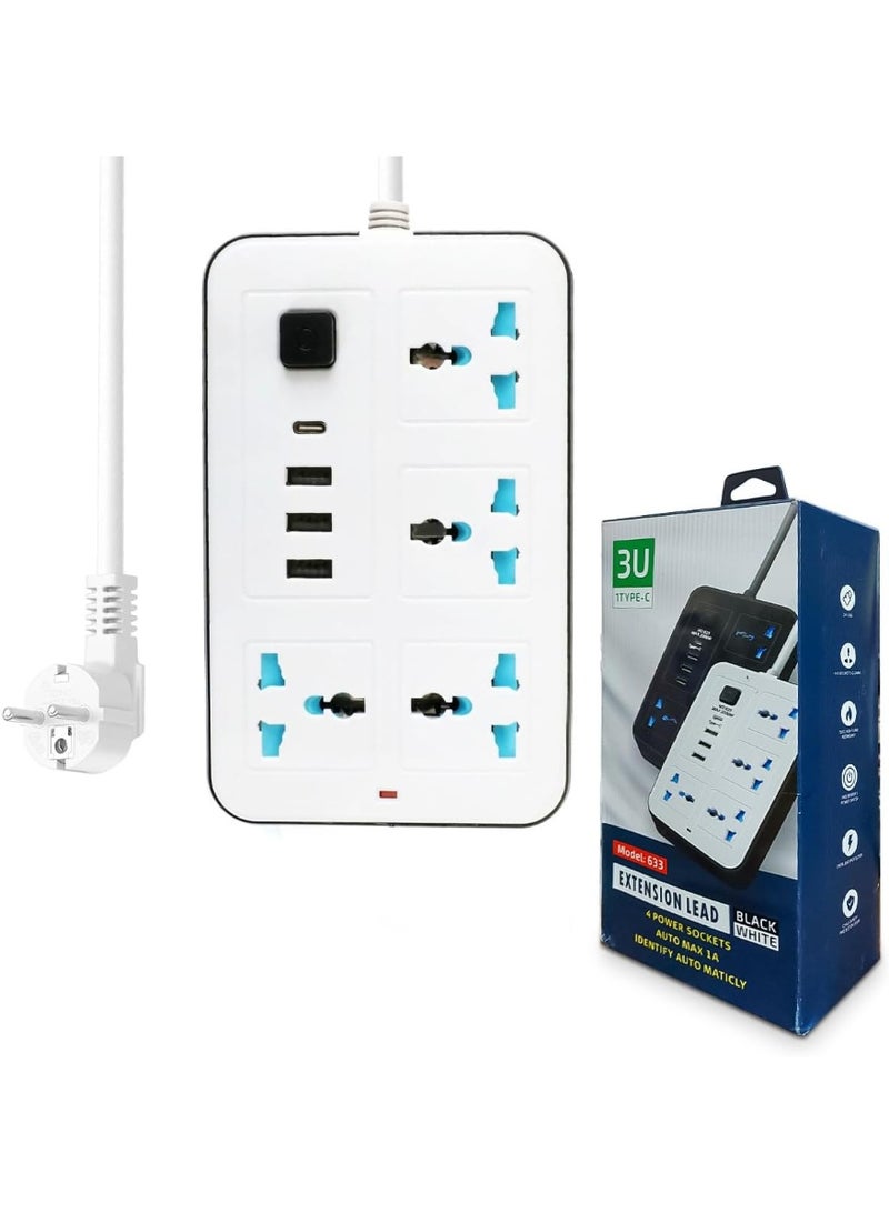 Extension Socket, Power Strip with USB Port, 3 USB Ports and a Type-C Port | Independent Power Switch, 1A Automatic Max, Overload and Child Protection, 2m Extension Cord, Model 633 - Image 1
