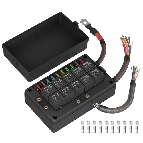 DaierTek Relay Box 12V 10 Way Relay Block and 10 Way ATCATO Blade Fuse Panel PreWired Dustproof Fuse Relay Box for Automotive Car Marine Boat