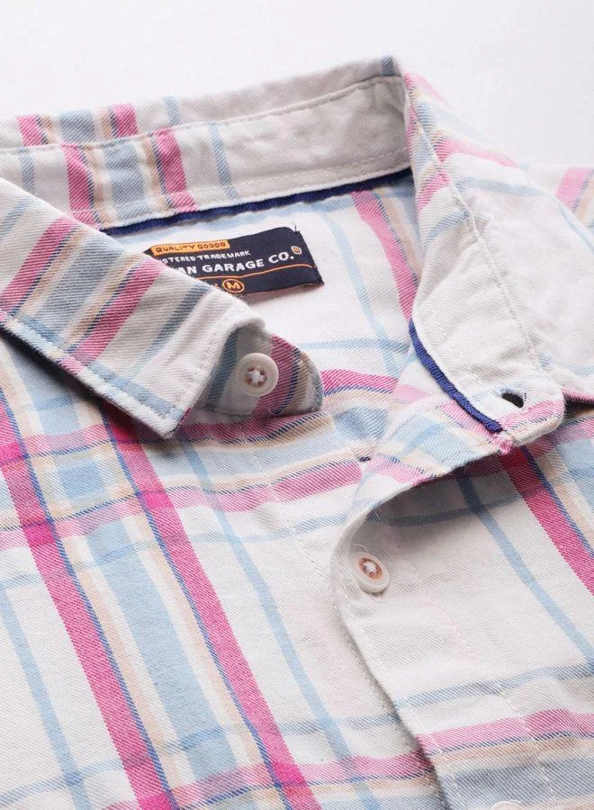 The Indian Garage Co Men White Checked Spread Collar Shirt