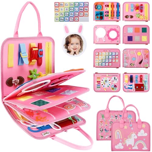 JHkim Busy Board for Toddlers Sensory Board Travel Toys Gifts for 1 2 3 4 Year Old Girls Boys Montessori Toys to Learn Fine Motor Skills Educational Activities Busy Book for Airplane Car Pink - Image 1