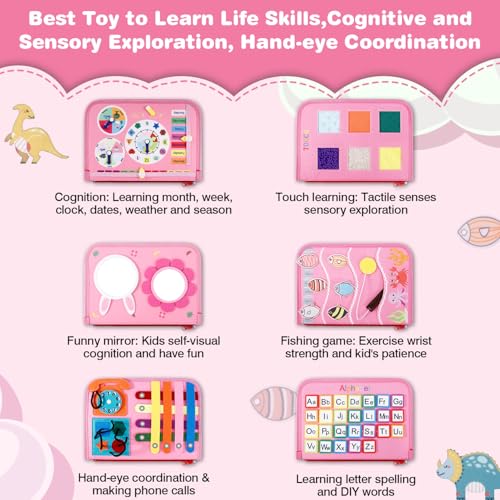 JHkim Busy Board for Toddlers Sensory Board Travel Toys Gifts for 1 2 3 4 Year Old Girls Boys Montessori Toys to Learn Fine Motor Skills Educational Activities Busy Book for Airplane Car Pink - Image 5