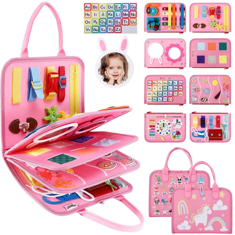 JHkim Busy Board for Toddlers Sensory Board Travel Toys Gifts for 1 2 3 4 Year Old Girls Boys Montessori Toys to Learn Fine Motor Skills Educational Activities Busy Book for Airplane Car Pink - Image 3