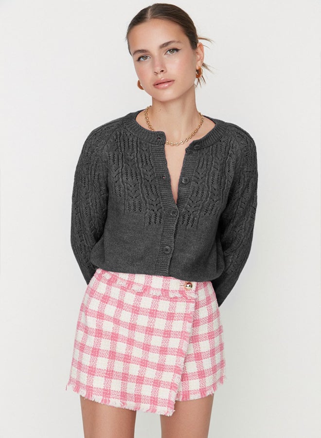 trendyol Anthracite Soft Textured Openwork/Perforated Knitwear Cardigan - Image 3