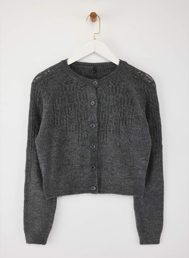 trendyol Anthracite Soft Textured Openwork/Perforated Knitwear Cardigan - Image 5