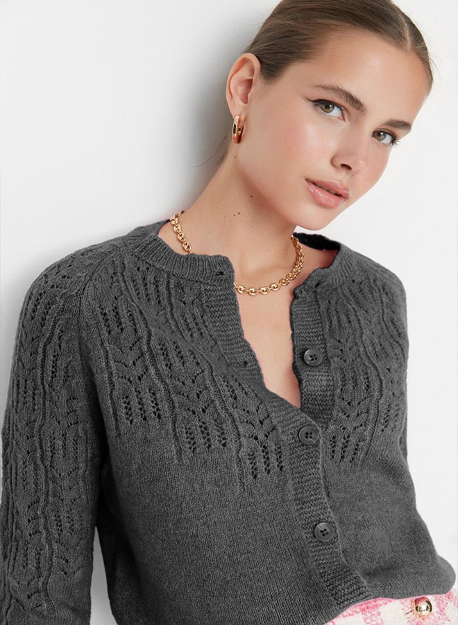trendyol Anthracite Soft Textured Openwork/Perforated Knitwear Cardigan - Image 1