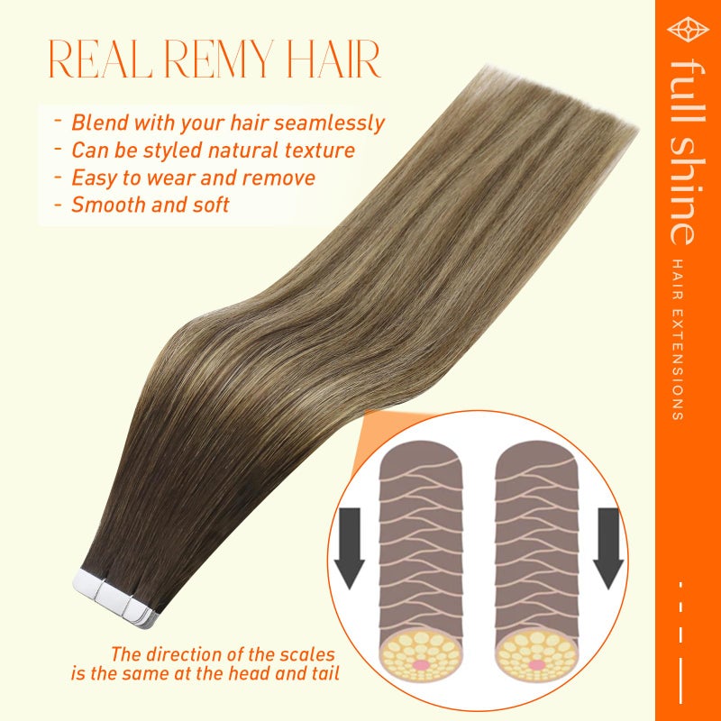 Full Shine 18Inch Tape in Hair Extensions Human Hair Ombre Balayage Tape in Extensions Color 2 Darkest Brown Fading to 3 and 27 Honey Blonde Seamless Remy Tape ins Human Hair Extensions 50G 20Pcs - Image 3