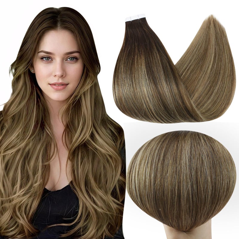 Full Shine 18Inch Tape in Hair Extensions Human Hair Ombre Balayage Tape in Extensions Color 2 Darkest Brown Fading to 3 and 27 Honey Blonde Seamless Remy Tape ins Human Hair Extensions 50G 20Pcs - Image 1