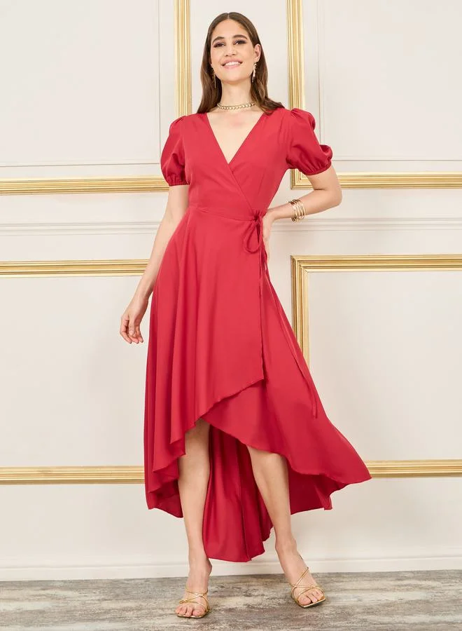 ستايلي Solid Puff Sleeves Asymmetric Hem Wrap Midi Dress