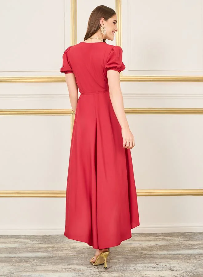 ستايلي Solid Puff Sleeves Asymmetric Hem Wrap Midi Dress