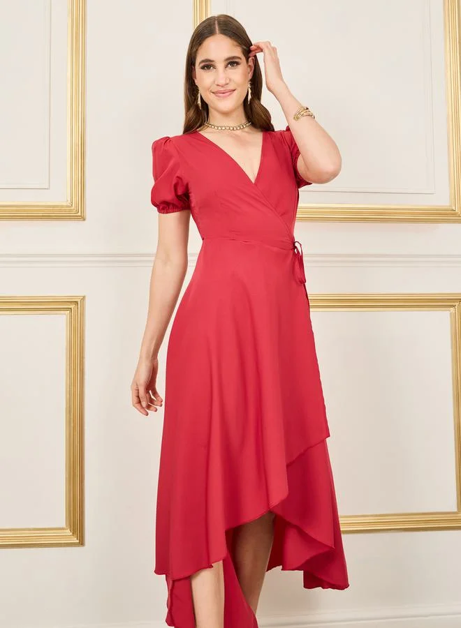 ستايلي Solid Puff Sleeves Asymmetric Hem Wrap Midi Dress