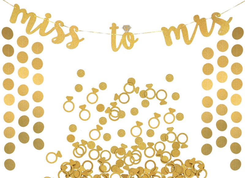 Bachelorette to Bride Miss to Mrs Banner, Garland & Confetti Set - Bachelorette, Engagement or Wedding Party Decorations - Sparkly Rose Gold Banner, Circle Garland & Super Fun Diamond Ring & Circle Confetti (Gold) - Image 1