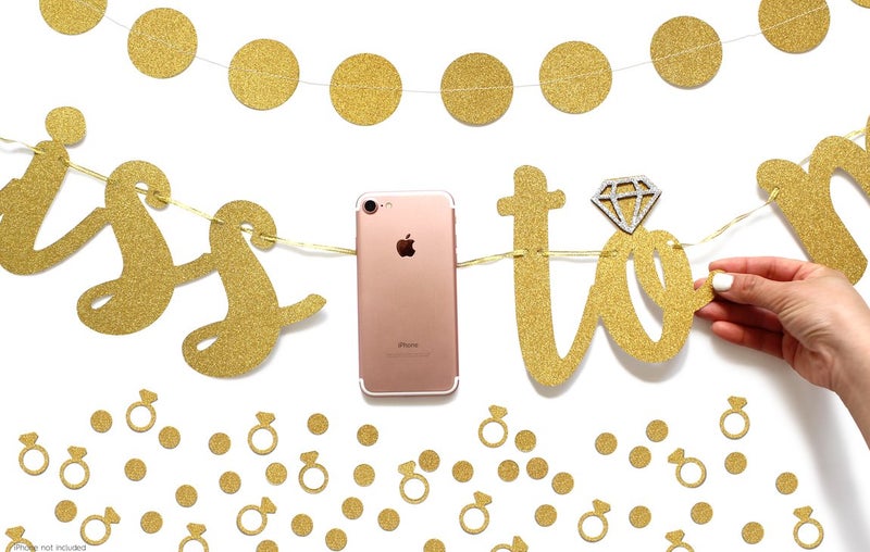 Bachelorette to Bride Miss to Mrs Banner, Garland & Confetti Set - Bachelorette, Engagement or Wedding Party Decorations - Sparkly Rose Gold Banner, Circle Garland & Super Fun Diamond Ring & Circle Confetti (Gold) - Image 3
