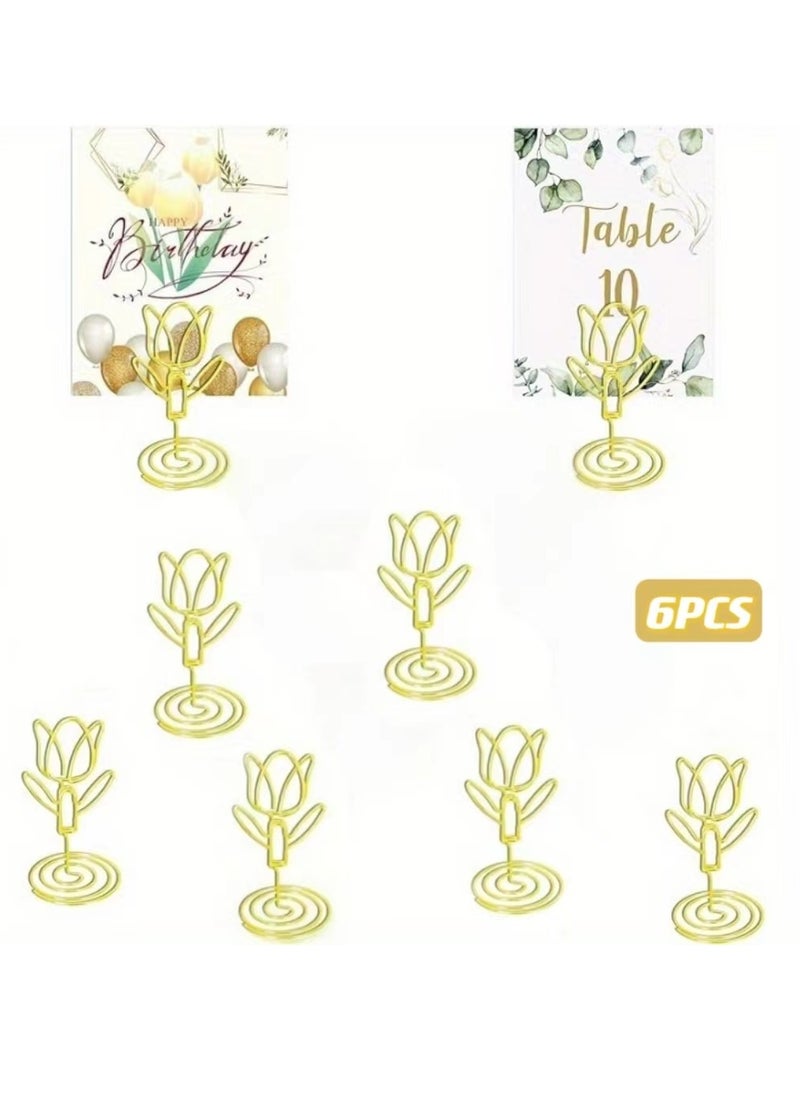 Generic 6-Pack Elegant Golden Tulip Place Card Holders - Perfect For Weddings, Parties & Events - Versatile Photo & Business Card Stands  - Image 1
