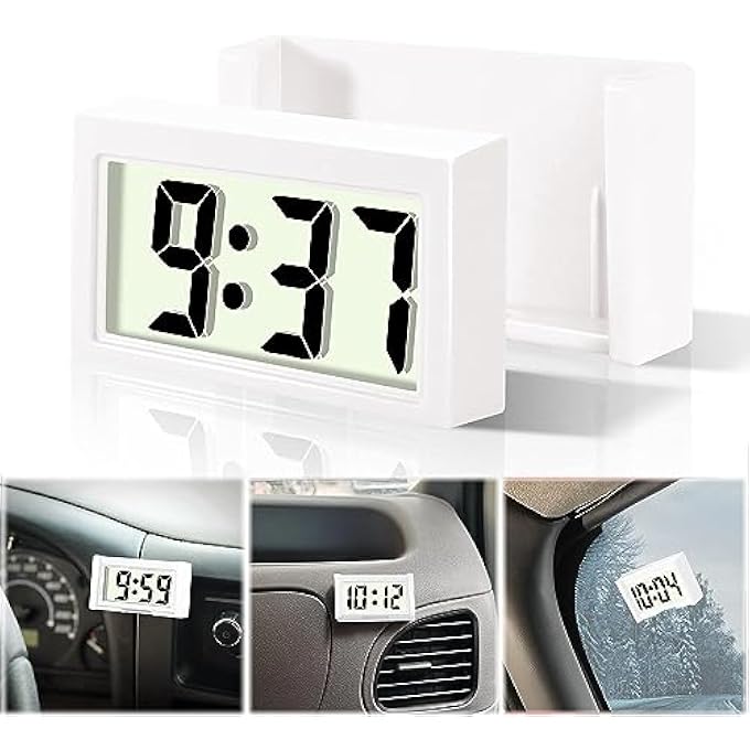 Unity Car Dashboard Digital Clock  Vehicle Adhesive Clock With Jumbo Lcd Time  Day Display  Mini Automotive Stick On Watch For Car Truck Dashboard  Air Vent Color  White - Image 1