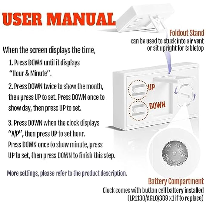 Unity Car Dashboard Digital Clock  Vehicle Adhesive Clock With Jumbo Lcd Time  Day Display  Mini Automotive Stick On Watch For Car Truck Dashboard  Air Vent Color  White - Image 4