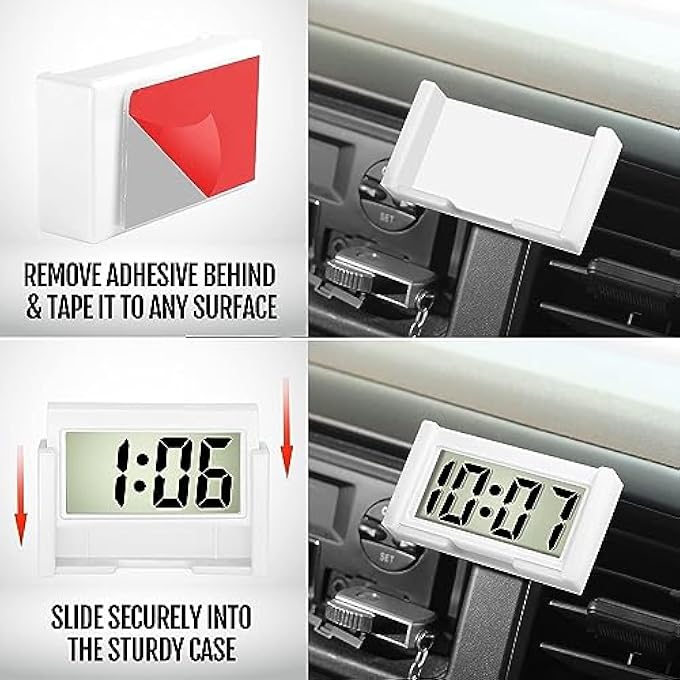 Unity Car Dashboard Digital Clock  Vehicle Adhesive Clock With Jumbo Lcd Time  Day Display  Mini Automotive Stick On Watch For Car Truck Dashboard  Air Vent Color  White - Image 3