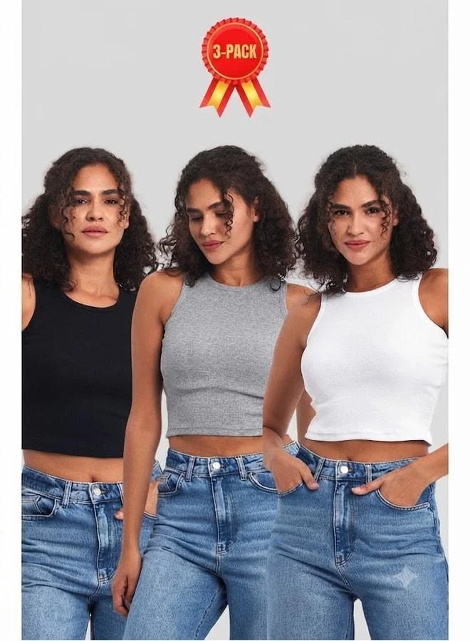 Mmetalic Women's 3-Pack Basic Crop Tank Tops in Black, White, and Grey with Ribbed-Look Strappy Thick Stretch Knit