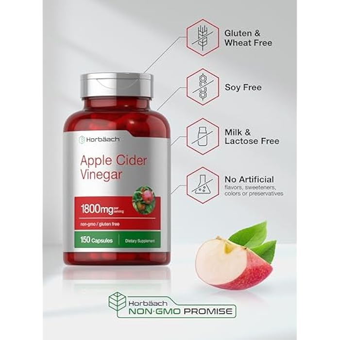 Horbäach Apple Cider Vinegar Capsules | 1800mg | 150 ACV Pills | Non-GMO, Gluten Free Supplement - Image 5