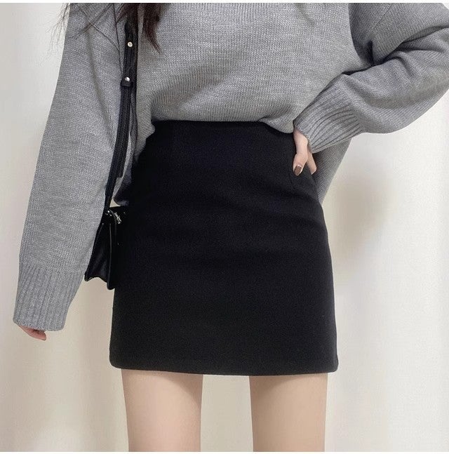 plus size Chubby M Woolen Skirt Womens Short Pants Skirt Hip Covering A- Line Skirt Slimming Hip Skirt Skirt Short Autumn and Winter Black-lined