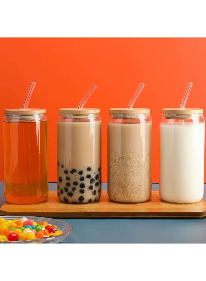 طقم أكواب زجاجية صديقة للبيئة بغطاء بامبو و straw زجاجي - 4 قطع للمشروبات الباردة والساخنة - مجات على شكل كانز من الزجاج الشفاف. - Image 2