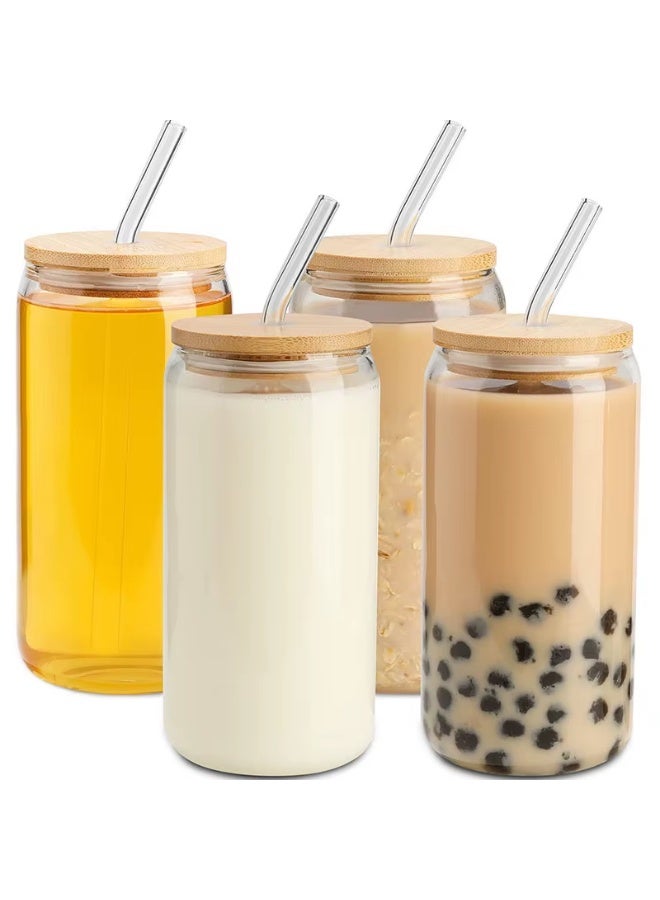 طقم أكواب زجاجية صديقة للبيئة بغطاء بامبو و straw زجاجي - 4 قطع للمشروبات الباردة والساخنة - مجات على شكل كانز من الزجاج الشفاف. - Image 1
