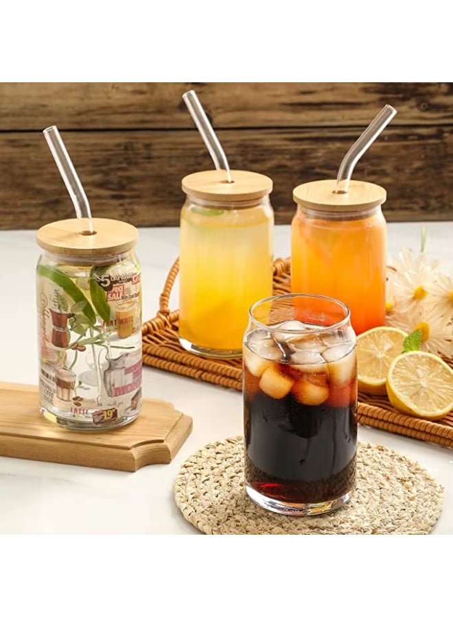 طقم أكواب زجاجية صديقة للبيئة بغطاء بامبو و straw زجاجي - 4 قطع للمشروبات الباردة والساخنة - مجات على شكل كانز من الزجاج الشفاف. - Image 3