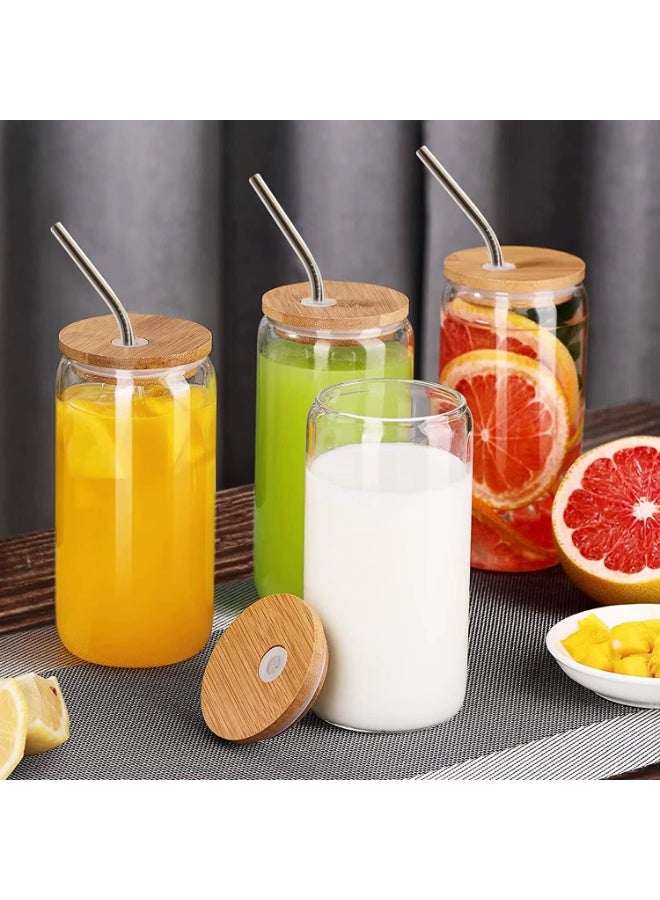 طقم أكواب زجاجية صديقة للبيئة بغطاء بامبو و straw زجاجي - 4 قطع للمشروبات الباردة والساخنة - مجات على شكل كانز من الزجاج الشفاف. - Image 5