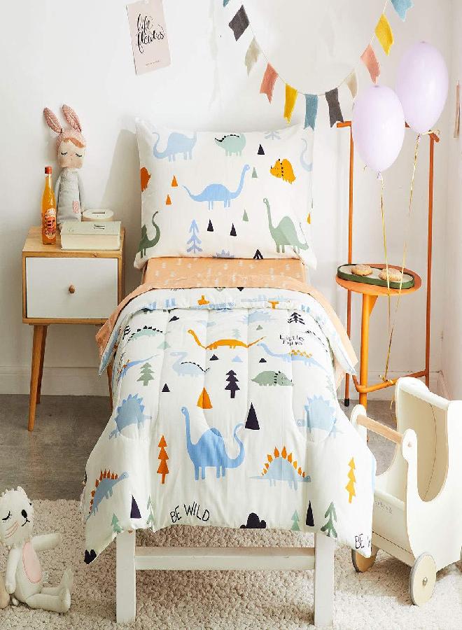 Joyreap Joyreap 4 Piece Cotton Toddler Bedding Set for Kids Boys n Girls, Dinosaur Theme Cream White n Orange Reversible Design, Includes Quilted Comforter, Fitted Sheet, Top Sheet, and Pillow Case