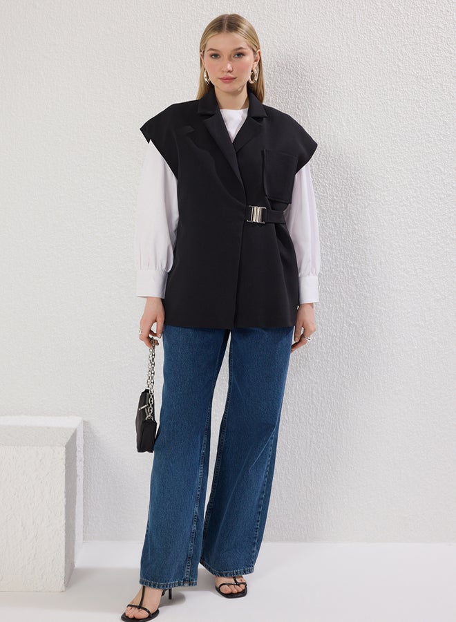 trendyol Black Double Breasted Buckle Accessory Woven Fabric Vest - Image 1