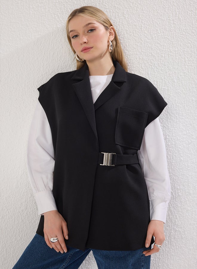 trendyol Black Double Breasted Buckle Accessory Woven Fabric Vest - Image 2