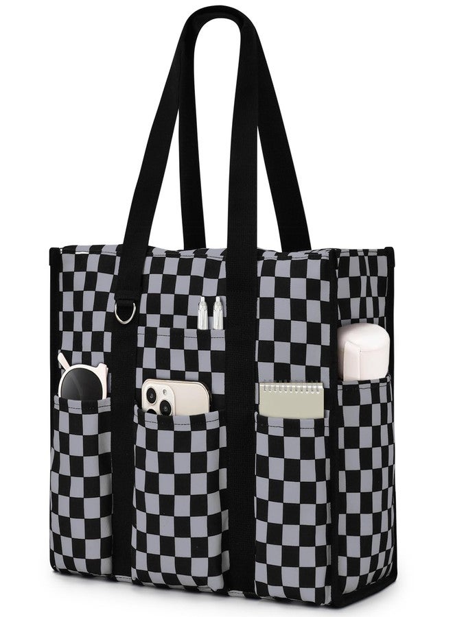 Becokan Large Tote Bag for Women Waterproof with 12 Pockets Top Zipper Closure Utility Teacher Nurse Bags for Work School, Dark Gray Checkered, Large - Image 1