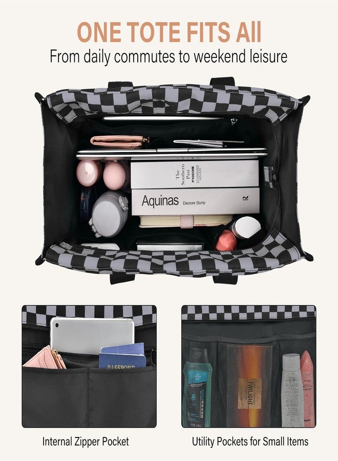 Becokan Large Tote Bag for Women Waterproof with 12 Pockets Top Zipper Closure Utility Teacher Nurse Bags for Work School, Dark Gray Checkered, Large - Image 3