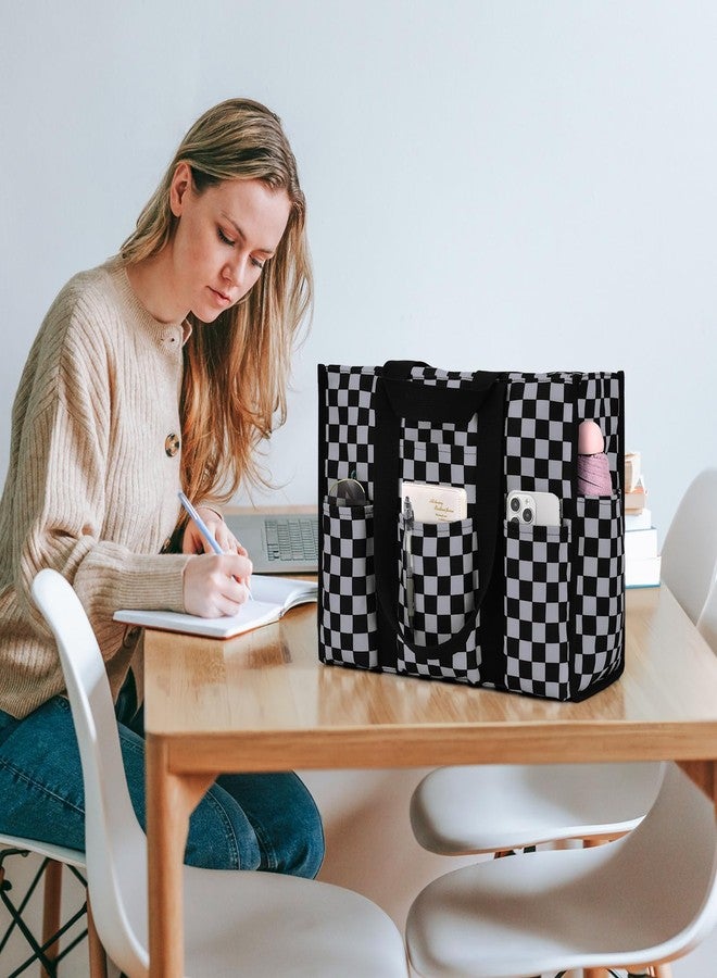 Becokan Large Tote Bag for Women Waterproof with 12 Pockets Top Zipper Closure Utility Teacher Nurse Bags for Work School, Dark Gray Checkered, Large - Image 2