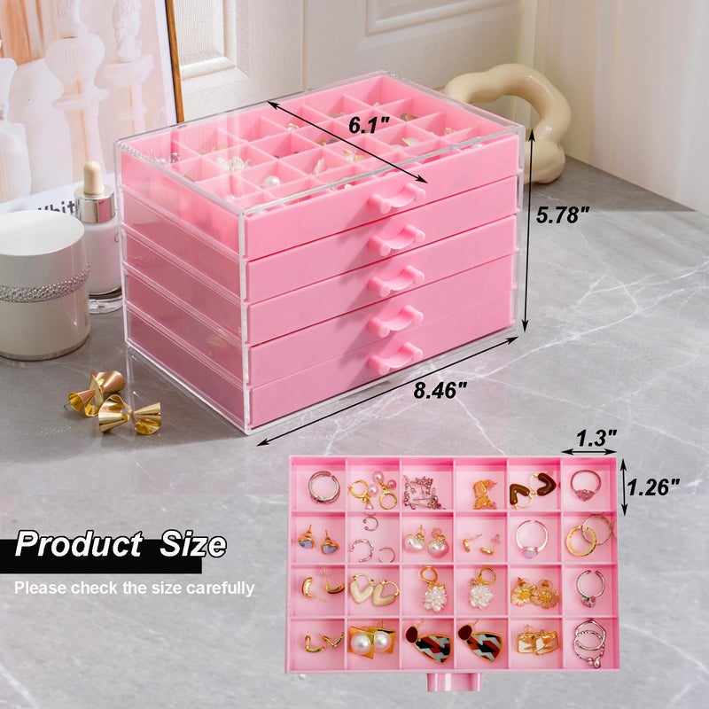 YUFONG Earring Storage Box Organizer, Acrylic Jewelry Storage Box Holder 5 Drawers Transparent Jewelry Display Stand with 120 Small Compartments Gift Boxes for Women Girls (Pink) - Image 3