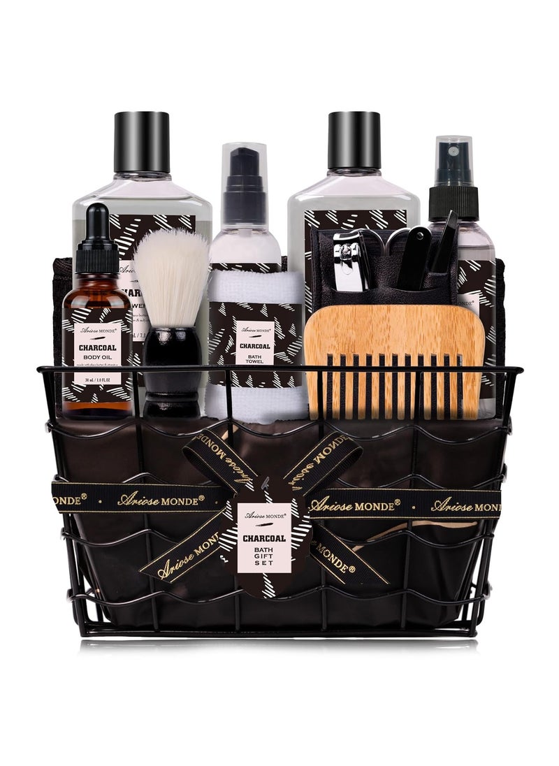 ArioseMonde Valentines Day Gifts for Men Spa Gifts for Men Charcoal Bath and Body Gift Set for Men 10 Pcs Spa Kits Ideal Birthday Christmas Mens Relaxation Bath Baskets Self Care Kit 