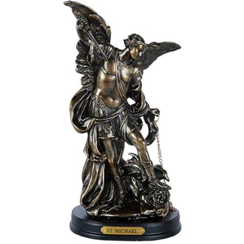 Pacific Giftware St. Michael San Miguel The Great Protector Archangel Defeating Lucifer Figurine on Wooden Base with Brass Name Plate Polyresin Home Decor 8.13" H - Image 1
