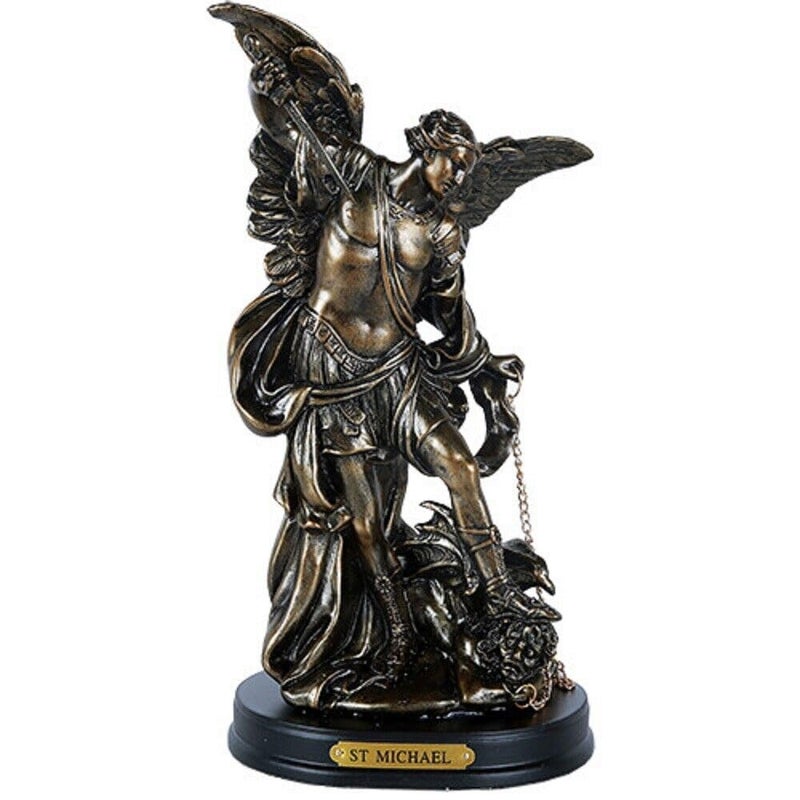 Pacific Giftware St. Michael San Miguel The Great Protector Archangel Defeating Lucifer Figurine on Wooden Base with Brass Name Plate Polyresin Home Decor 8.13" H - Image 5