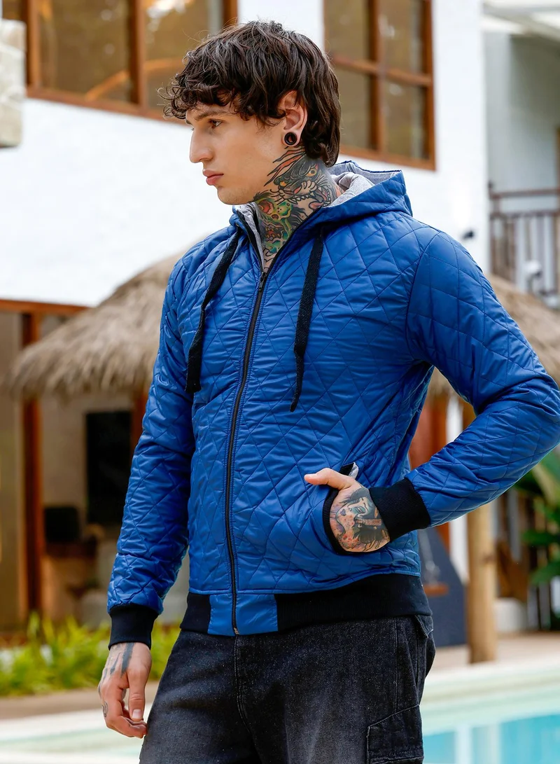 Campus Sutra Men's Zip-Front Quilted Jacket | Hooded Neck , Long Ribbed Cuff Sleeves , Zipper Closure , Straight Hem | Solid Woven Quilted For Casual & Daily | Indigo Blue