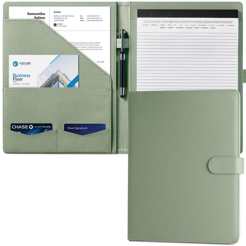 Mymazn Padfolio Portfolio Folder, Faux Leather Interview Resume Folder with Document Organizer & Business Card Holder, Letter-Sized Notepad Legal Pad Holder for Men Women (Sage Green) - Image 1