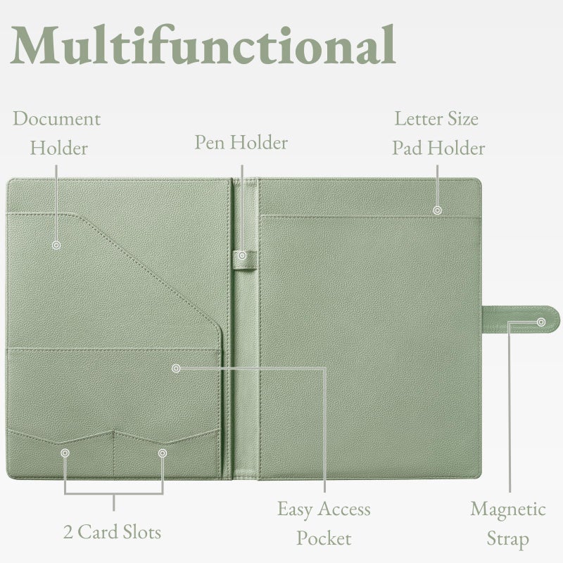Mymazn Padfolio Portfolio Folder, Faux Leather Interview Resume Folder with Document Organizer & Business Card Holder, Letter-Sized Notepad Legal Pad Holder for Men Women (Sage Green) - Image 3