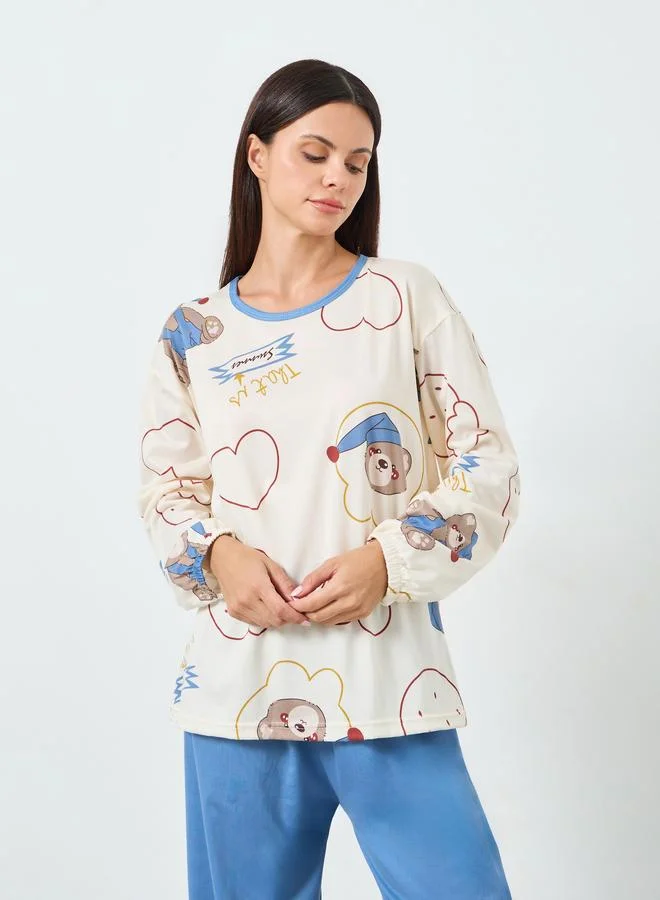 Styli Bear Print Long Sleeve T-Shirt and Pyjama Set
