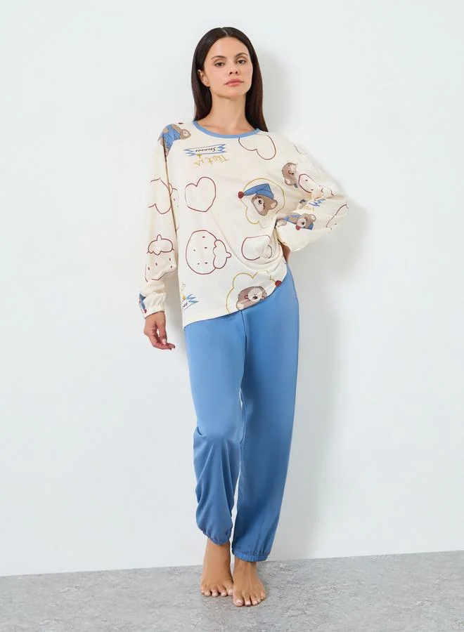 Styli Bear Print Long Sleeve T-Shirt and Pyjama Set