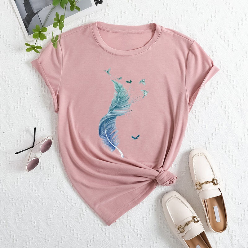 2025 Export New Cross-Border Tem Aliexpress Xiyin Feather Print Womens Round Neck Short-Sleeved T-Shirt Lotus color 
