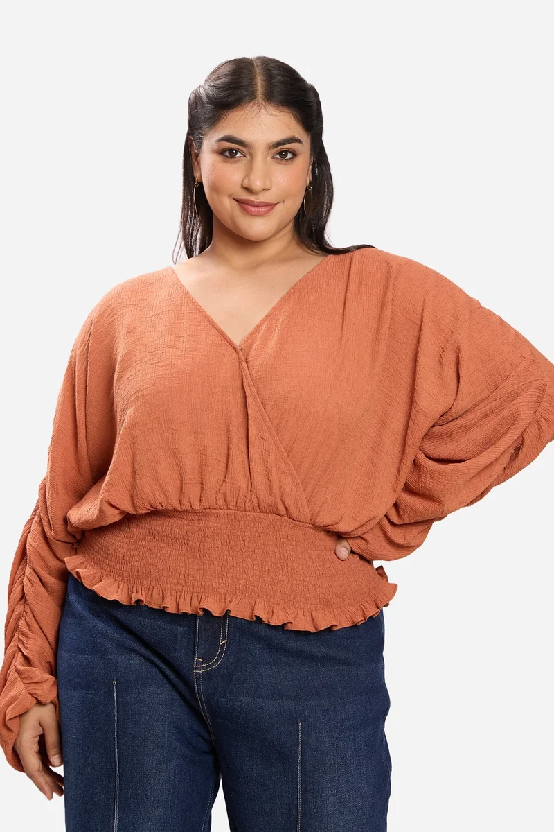 فيرجيو Solid Viscose Cropped Plus Size Top With Extended Sleeves for Women