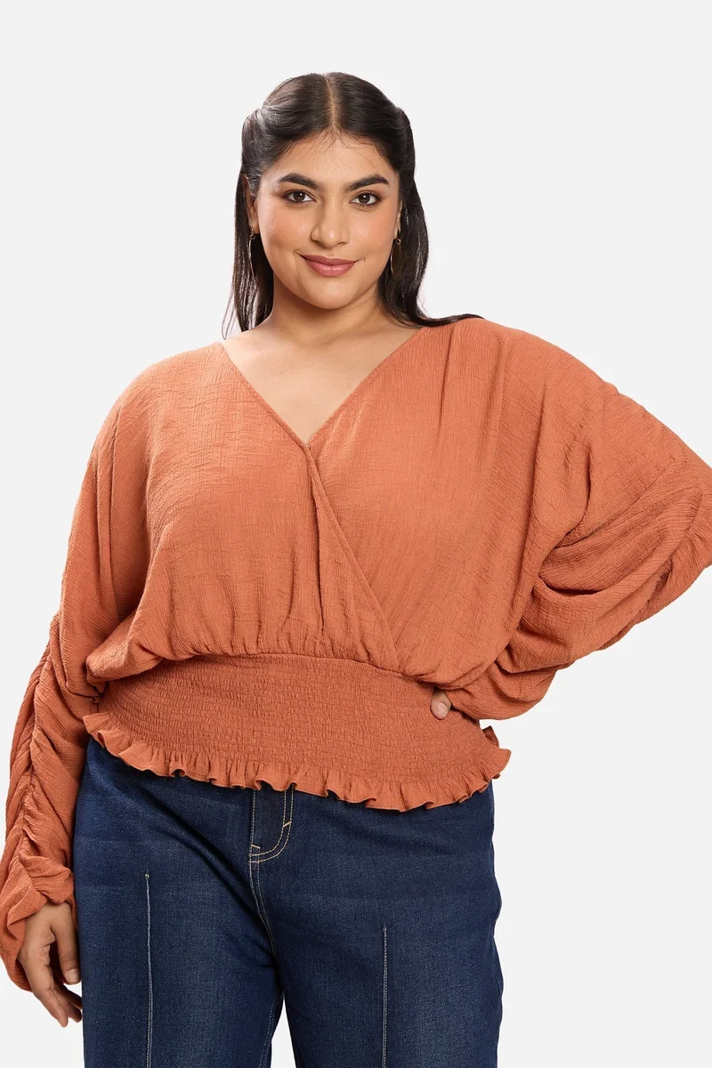 Virgio Solid Viscose Cropped Plus Size Top With Extended Sleeves for Women