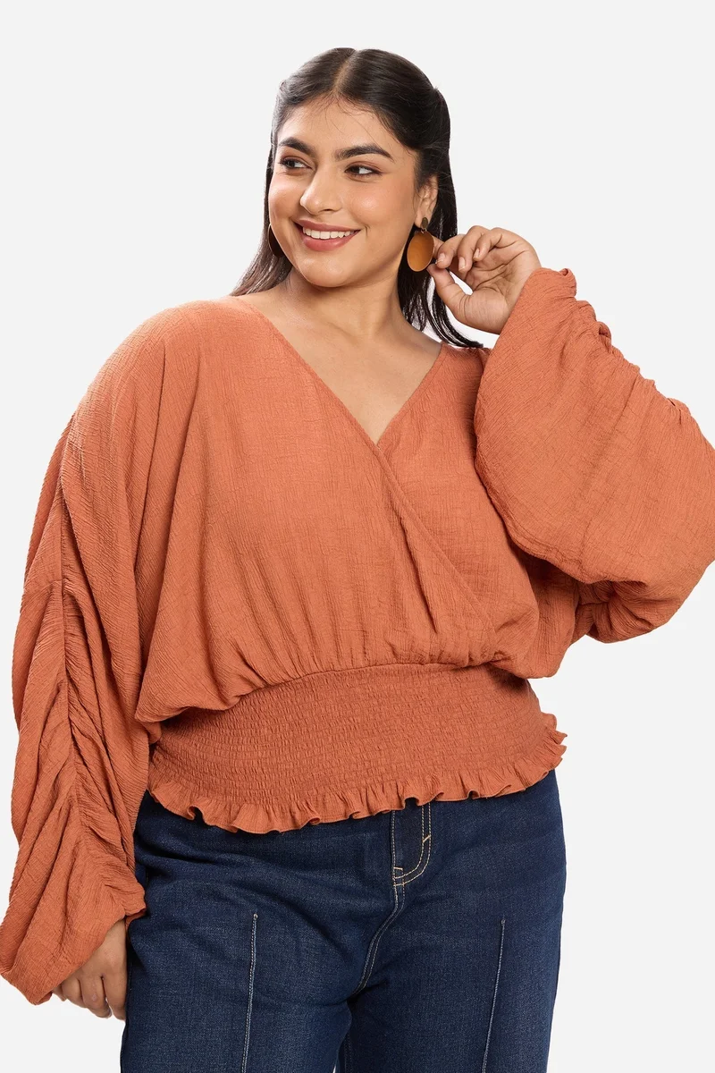 Virgio Solid Viscose Cropped Plus Size Top With Extended Sleeves for Women