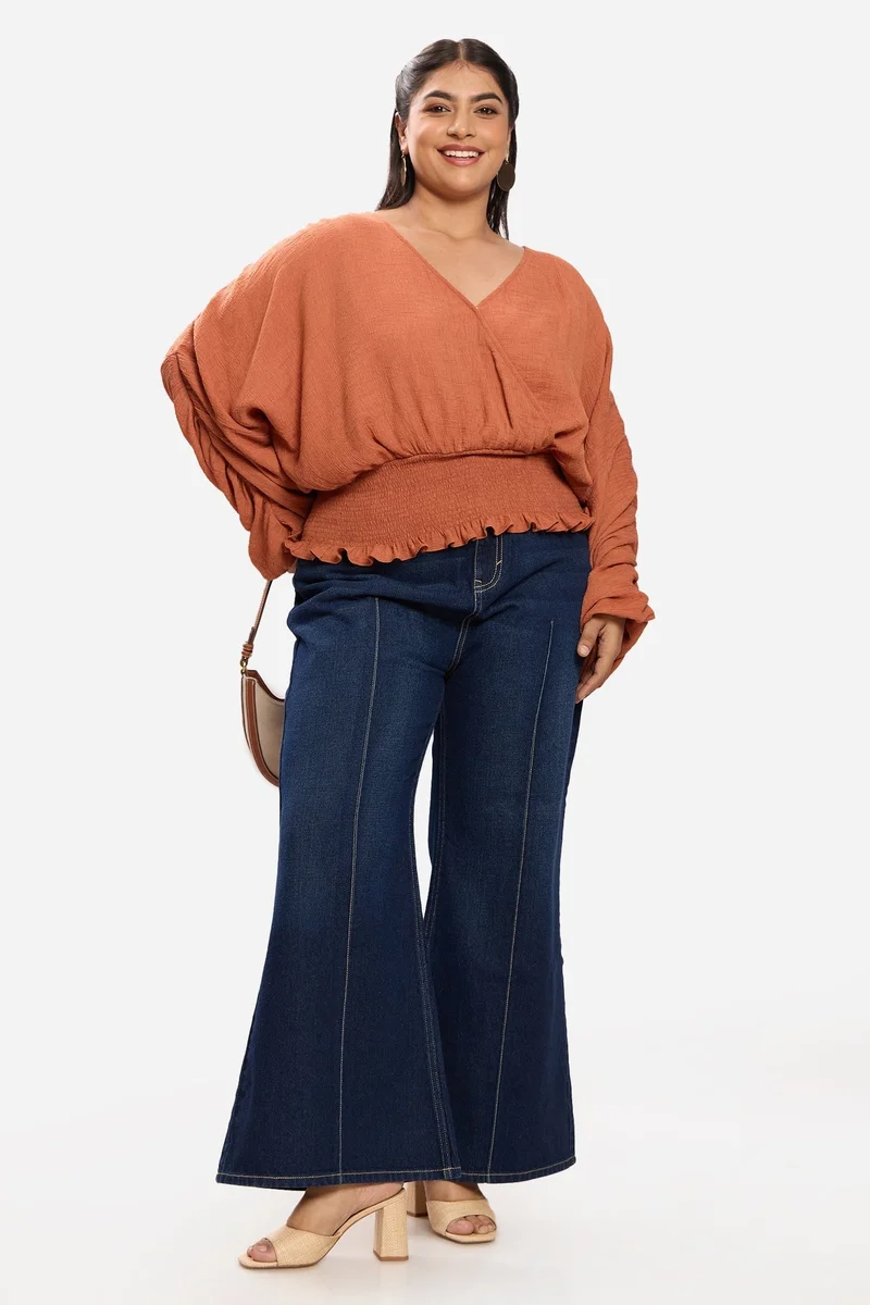 فيرجيو Solid Viscose Cropped Plus Size Top With Extended Sleeves for Women