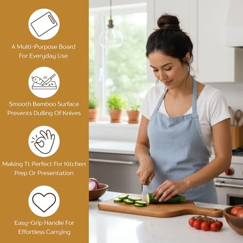 Make In Modern Acacia Wood Chopping/Cutting Board with Handle – 43cm x 18cm, Brown – Premium Knife-Friendly, Toxin-Free, Anti-Bacterial, Multi-Use Kitchen Board for Food Prep, Serving, and Trivet - Image 3